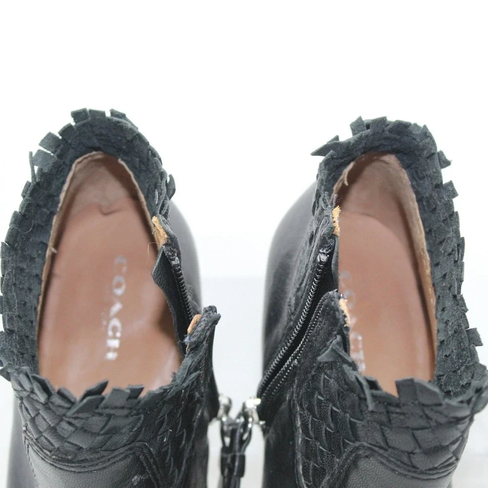 COACH Ryer Black Leather Woven Fringe Ankle Boots - Size 7.5 B -‎ Excellent